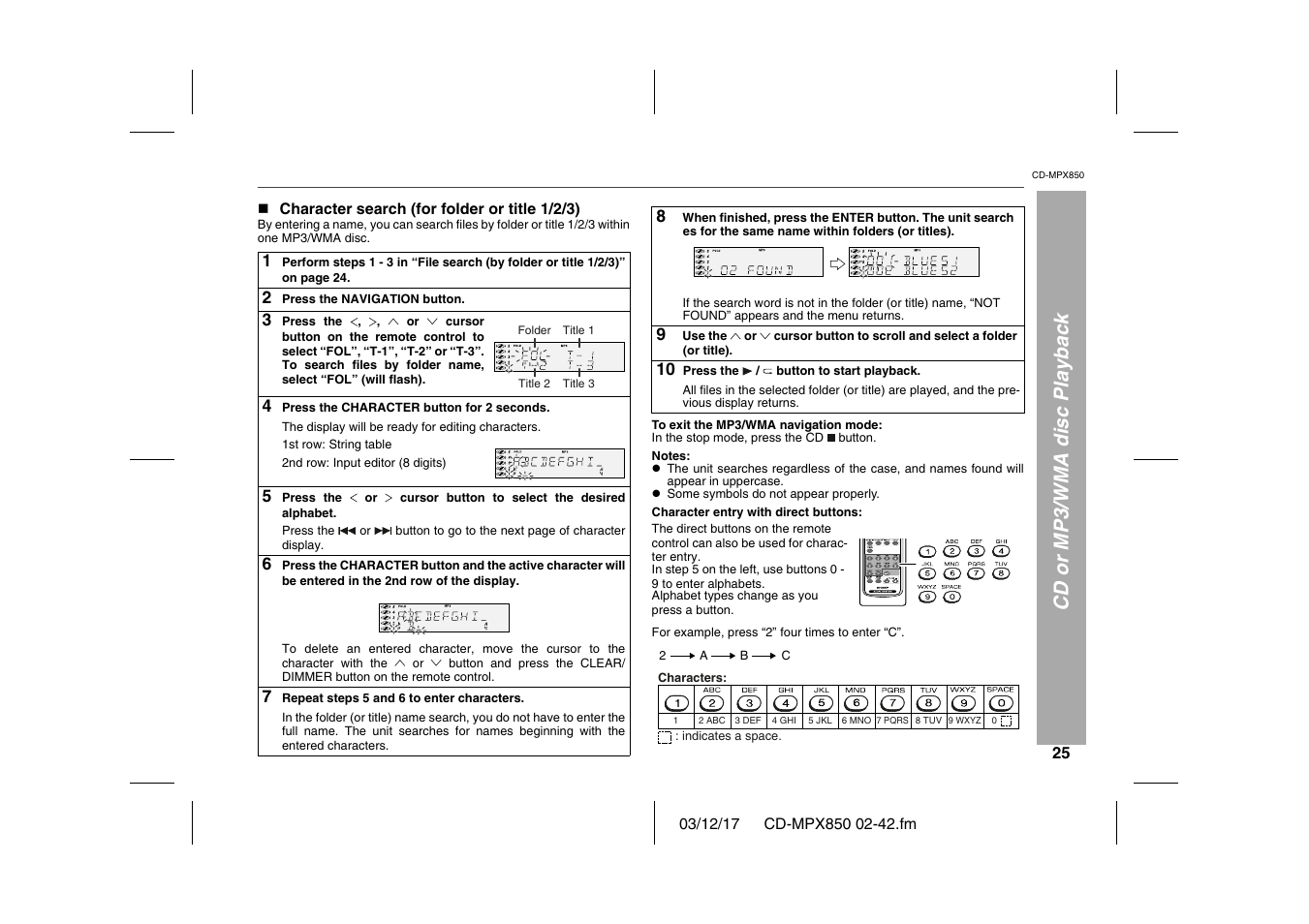 Cd or mp3/wma disc playback, N character search (for folder or title 1/2/3), Table | Table body, Table row, 2 press the navigation button, 3 press the, 4 press the character button for 2 seconds, The display will be ready for editing characters, 1st row: string table | Sharp CD-MPX850 User Manual | Page 25 / 44