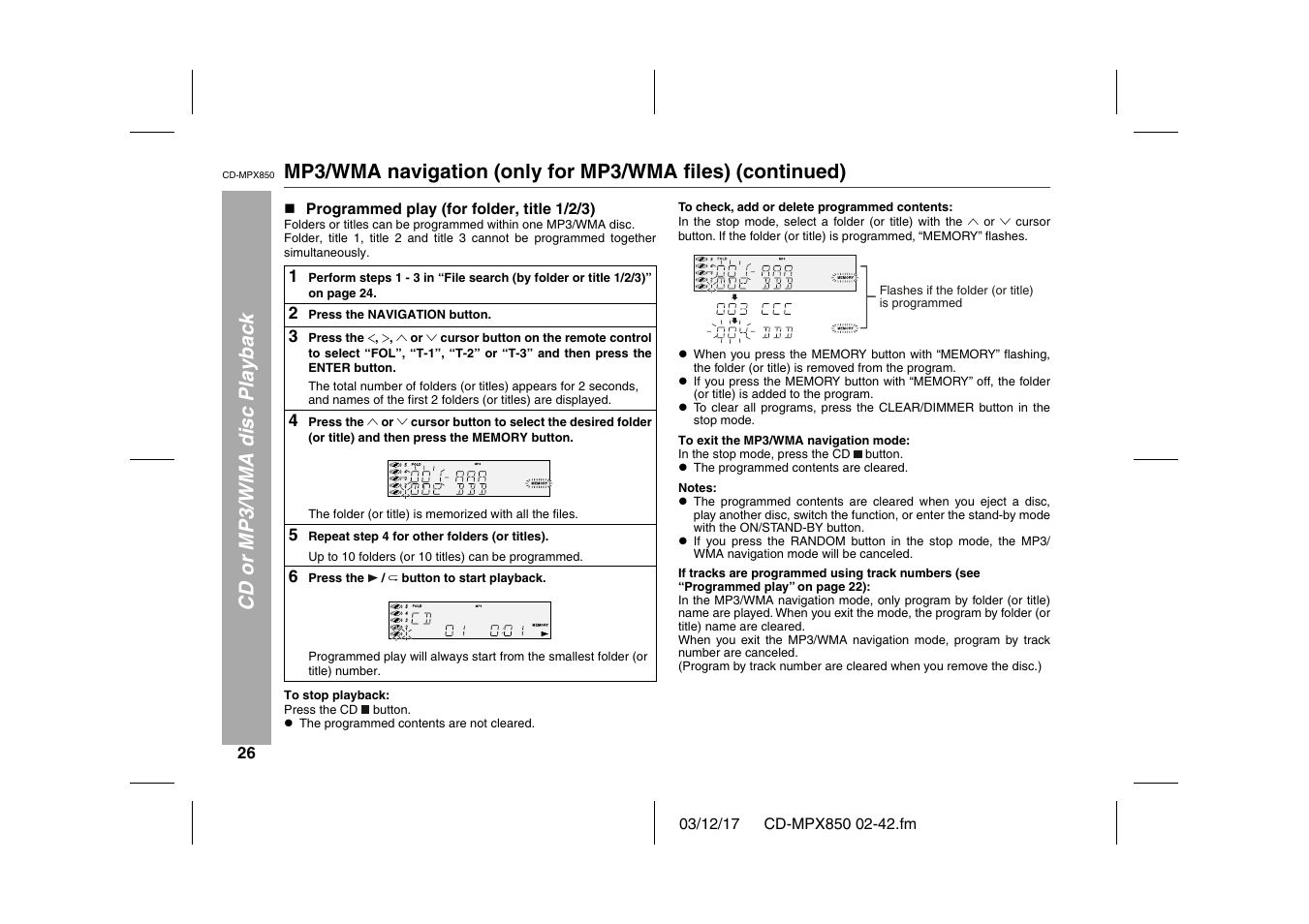 Cd or mp3/wma disc playback, N programmed play (for folder, title 1/2/3), Table | Table body, Table row, 2 press the navigation button, 3 press the, 4 press the, 5 repeat step 4 for other folders (or titles), Up to 10 folders (or 10 titles) can be programmed | Sharp CD-MPX850 User Manual | Page 26 / 44