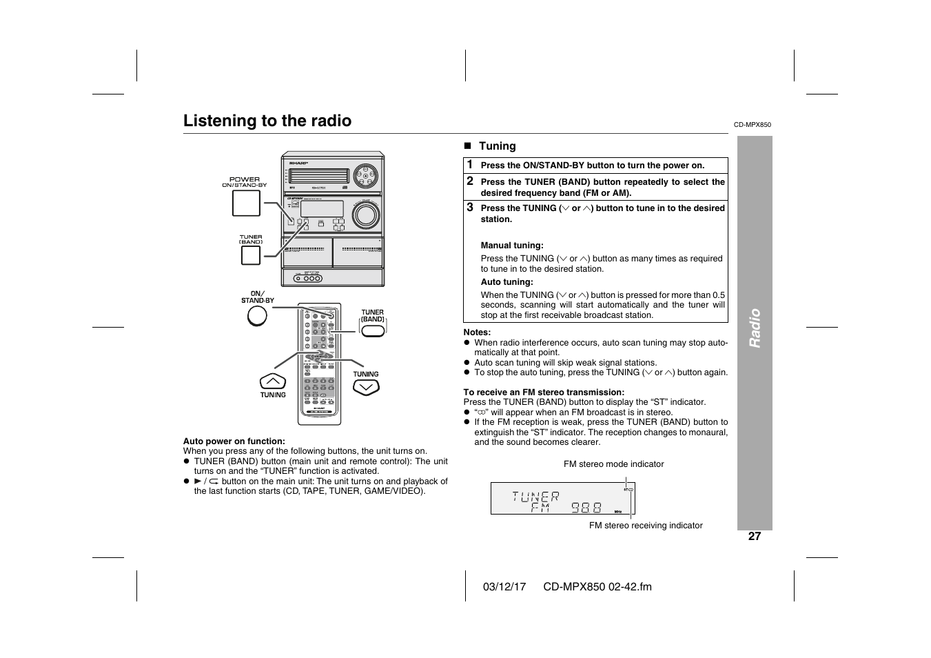 Radio, Listening to the radio, Graphic | N tuning, Table, Table body, Table row, 3 press the tuning, Manual tuning, Press the tuning | Sharp CD-MPX850 User Manual | Page 27 / 44