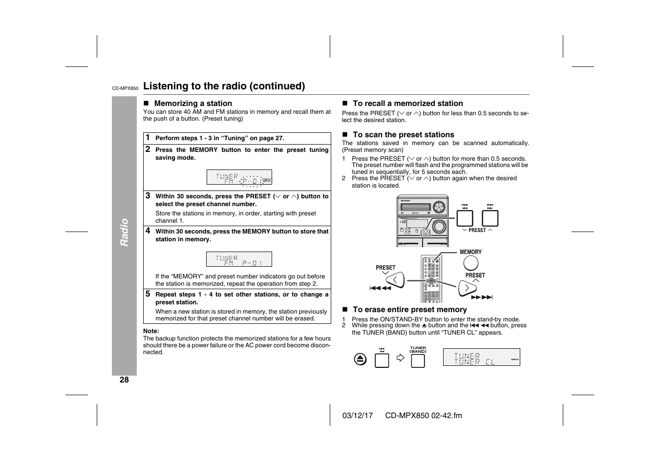 Radio, Listening to the radio (continued), N memorizing a station | Table, Table body, Table row, 3 within 30 seconds, press the preset, N to recall a memorized station, Press the preset, N to scan the preset stations | Sharp CD-MPX850 User Manual | Page 28 / 44