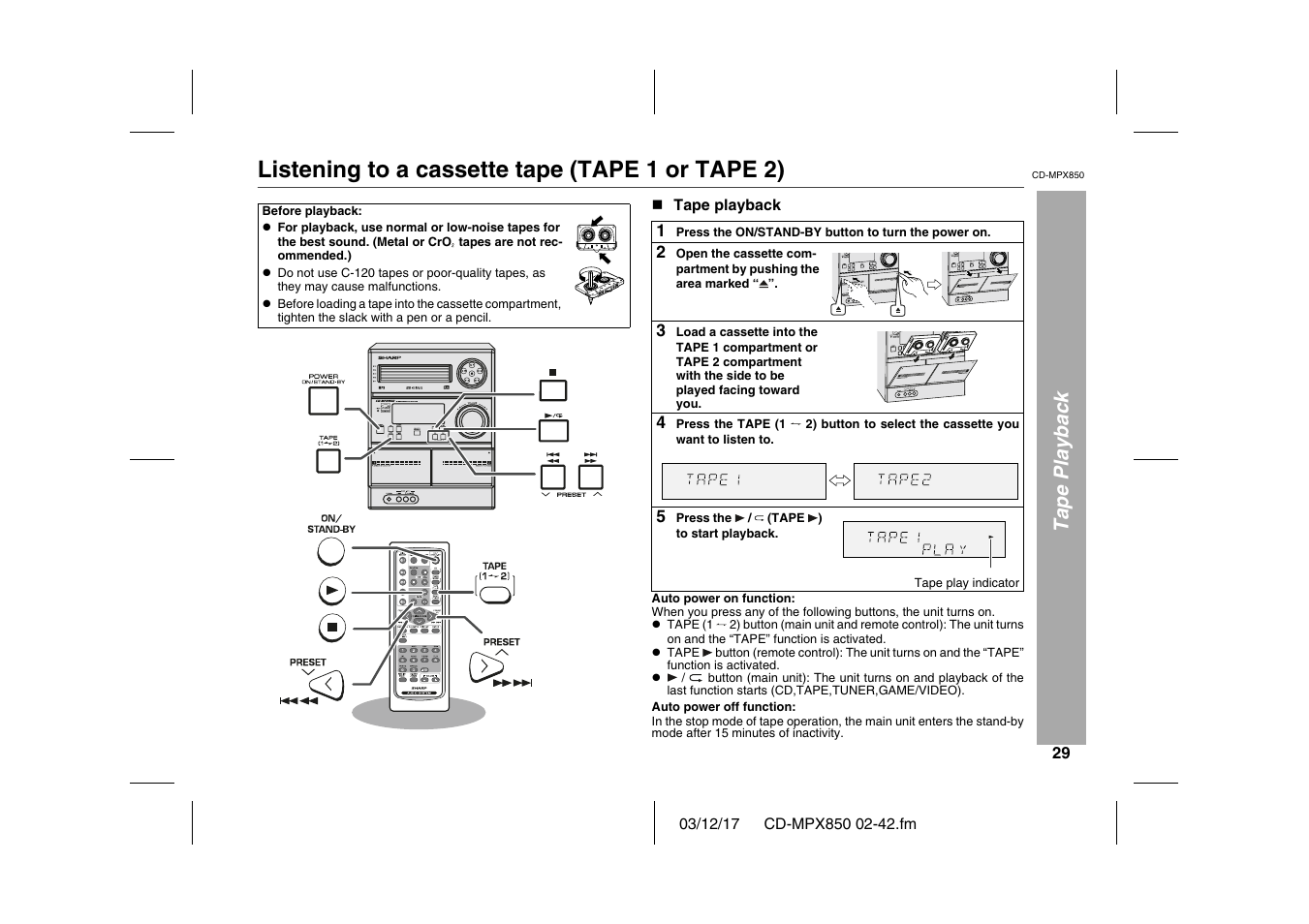 Tape playback, Listening to a cassette tape (tape 1 or tape 2), Table | Table body, Table row, Before playback, Graphic, N tape playback, 4 press the tape (1, 5 press the / (tape ) to start playback | Sharp CD-MPX850 User Manual | Page 29 / 44