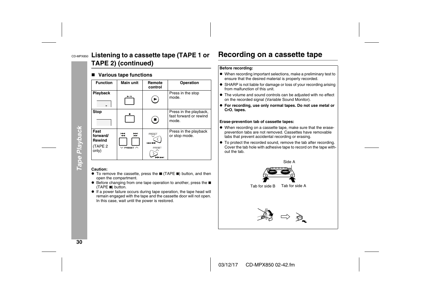 Tape playback, N various tape functions, Table | Table body, Table row, Function, Main unit, Remote control, Operation, Playback | Sharp CD-MPX850 User Manual | Page 30 / 44