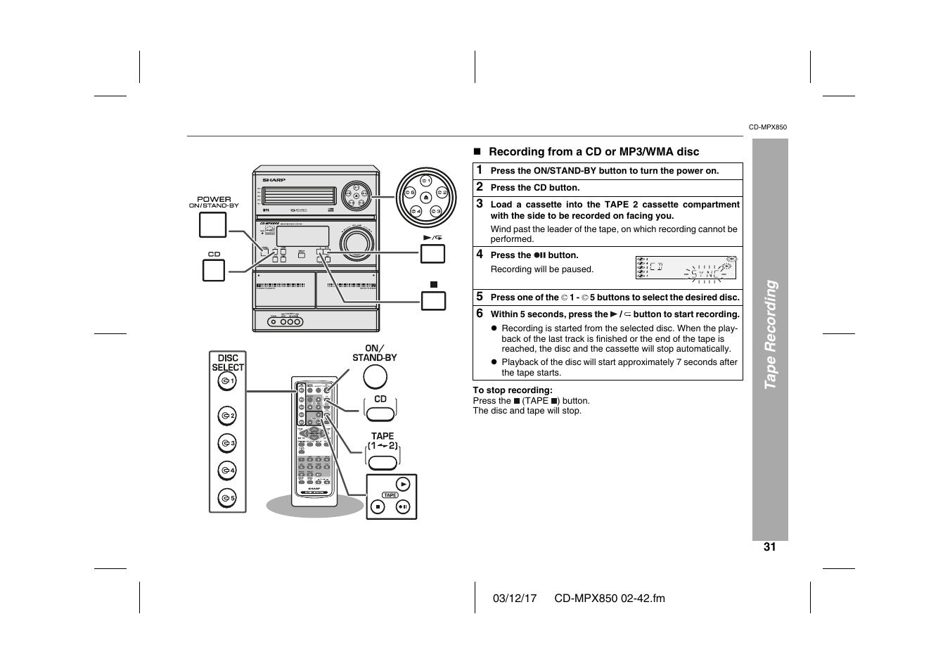 Tape recording, Graphic, N recording from a cd or mp3/wma disc | Table, Table body, Table row, 2 press the cd button, 4 press the button, 4 press the, Recording will be paused | Sharp CD-MPX850 User Manual | Page 31 / 44