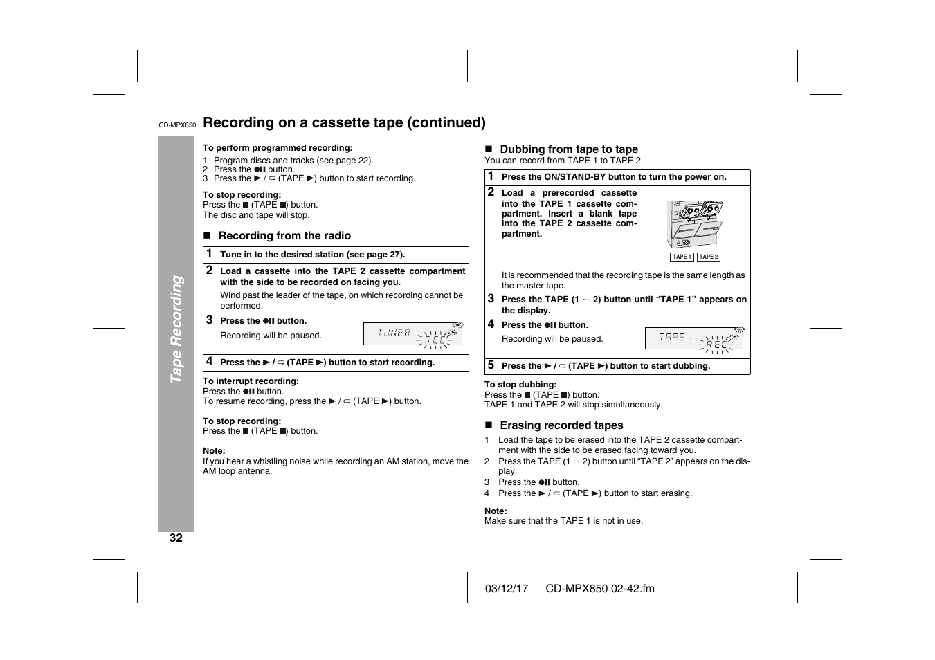 Tape recording, Recording on a cassette tape (continued), Table | Table body, Table row, Press the button, Press the, Press the / (tape ) button to start recording, The disc and tape will stop, N recording from the radio | Sharp CD-MPX850 User Manual | Page 32 / 44