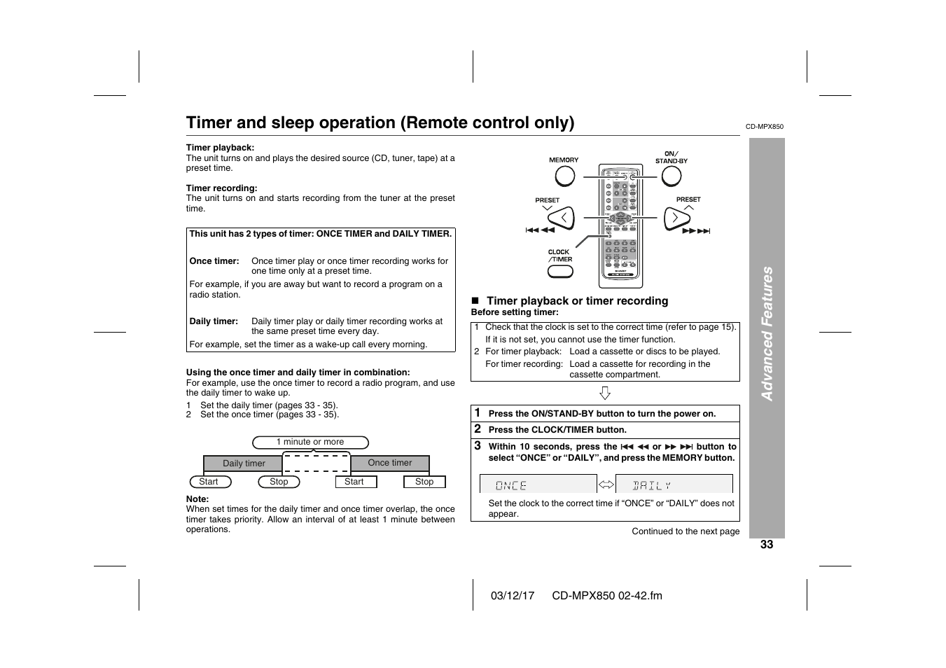 Advanced features, Timer and sleep operation (remote control only), Table | Table body, Table row, Once timer, Daily timer, Graphic, N timer playback or timer recording, Before setting timer | Sharp CD-MPX850 User Manual | Page 33 / 44