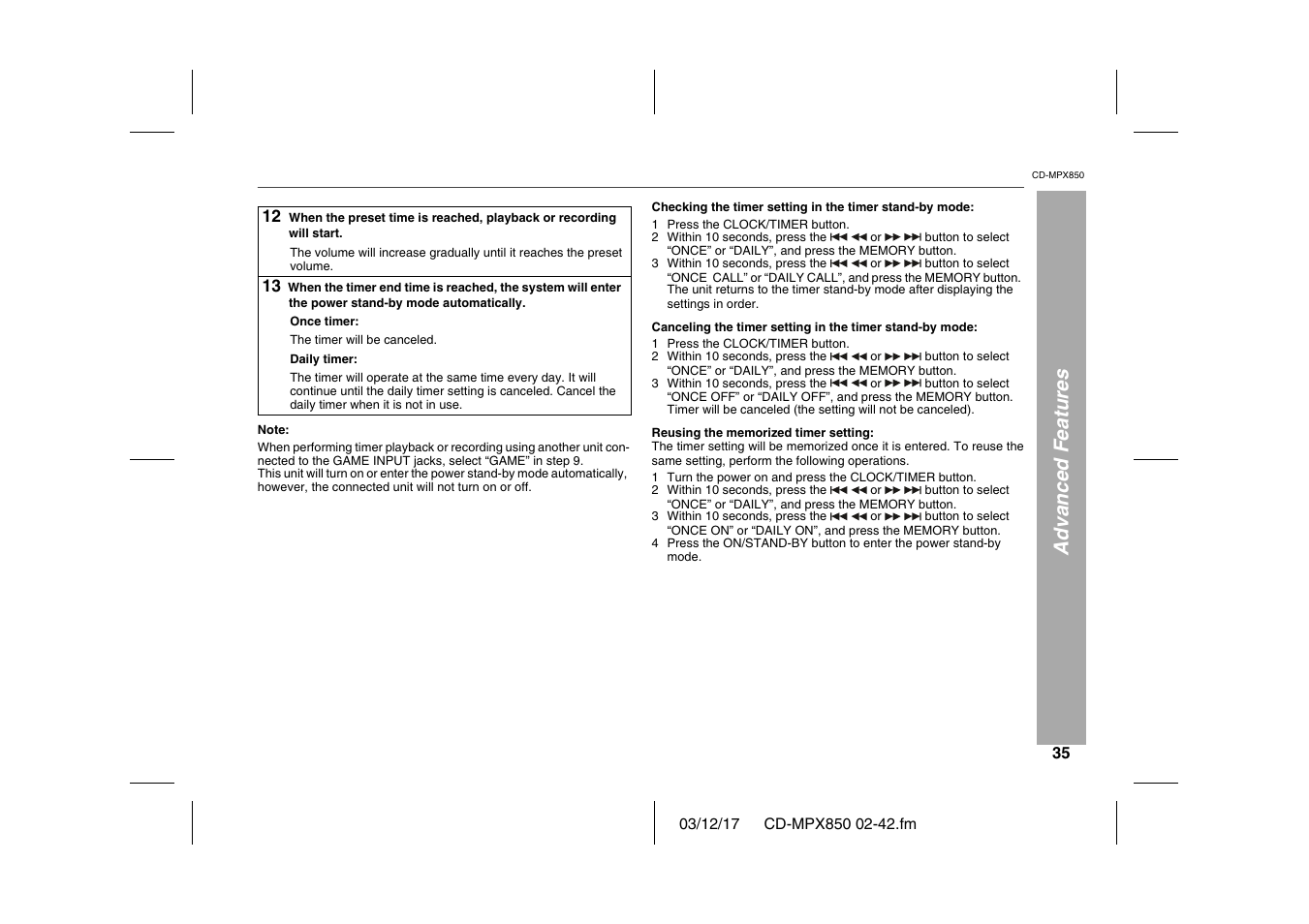 Advanced features, Table, Table body | Table row, Once timer, The timer will be canceled, Daily timer, Press the clock/timer button, Within 10 seconds, press the, Turn the power on and press the clock/timer button | Sharp CD-MPX850 User Manual | Page 35 / 44