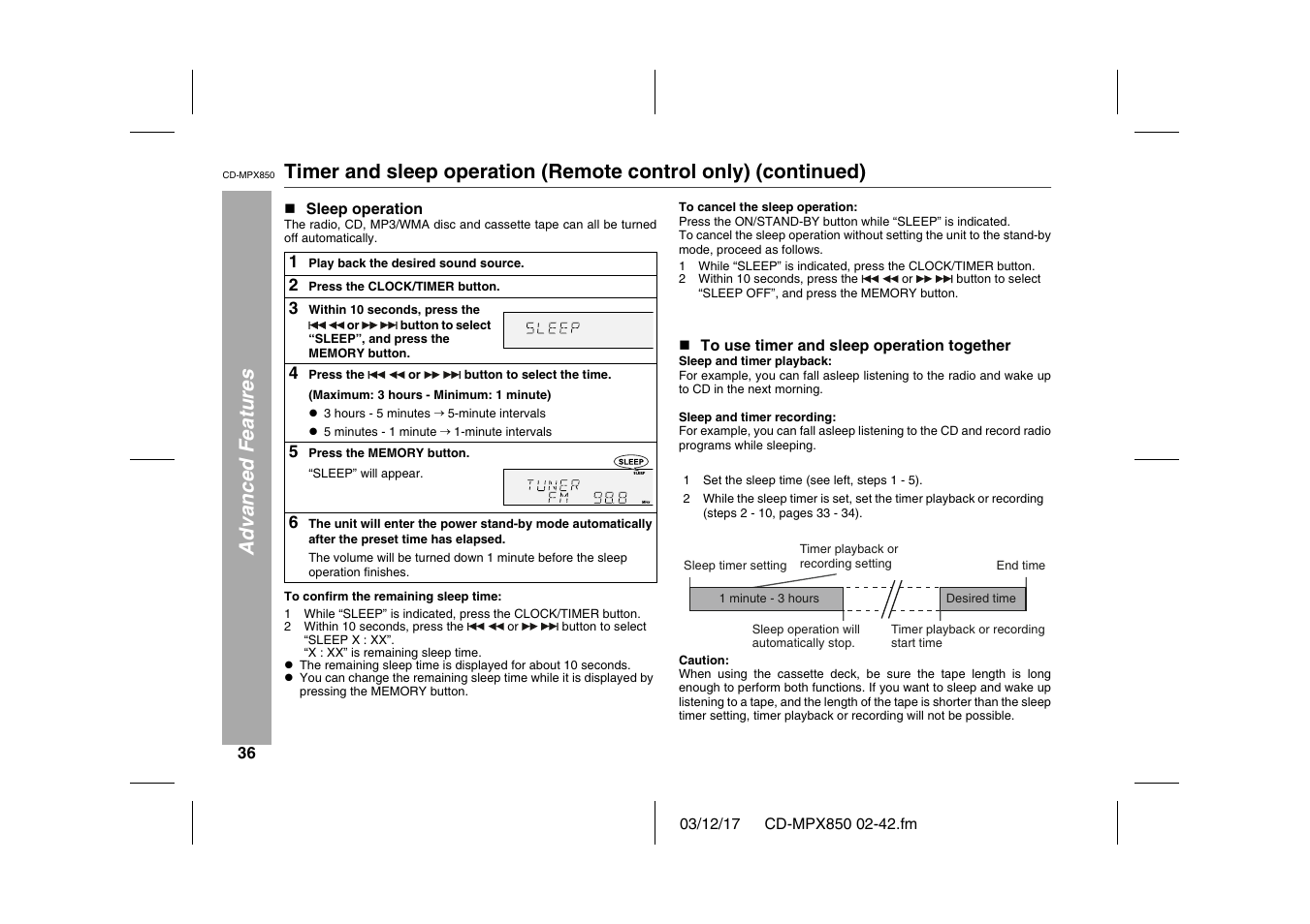 Advanced features, N sleep operation, Table | Table body, Table row, 1 play back the desired sound source, 2 press the clock/timer button, 3 within 10 seconds, press the, 4 press the or button to select the time, 4 press the | Sharp CD-MPX850 User Manual | Page 36 / 44