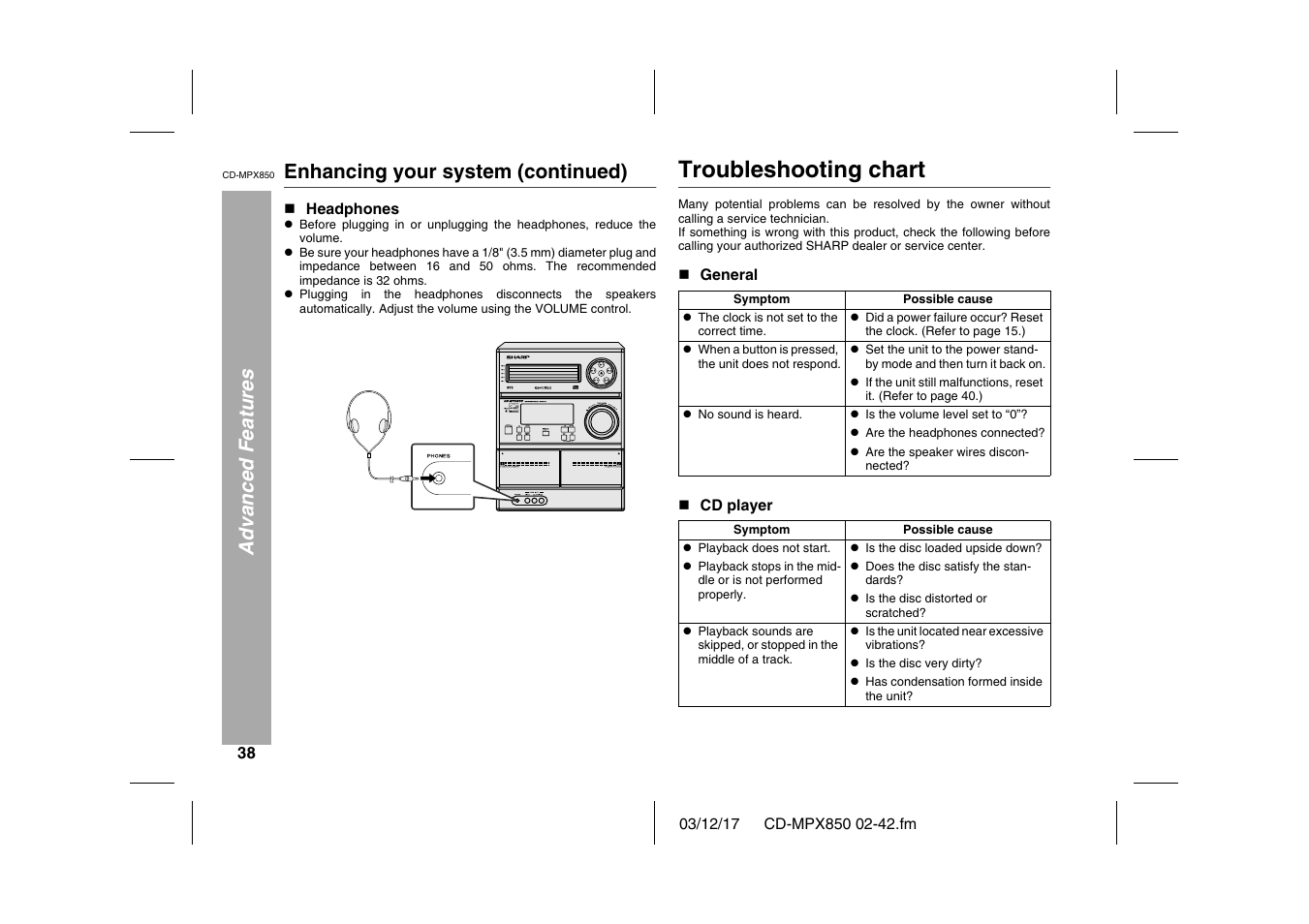 Advanced features, Enhancing your system (continued), N headphones | Graphic, Troubleshooting chart, N general, Table, Table body, Table row, Symptom | Sharp CD-MPX850 User Manual | Page 38 / 44