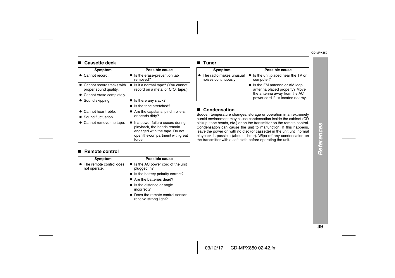 References, N cassette deck, Table | Table body, Table row, Symptom, Possible cause, L cannot record, L is the erase-prevention tab removed, L cannot record tracks with proper sound quality | Sharp CD-MPX850 User Manual | Page 39 / 44