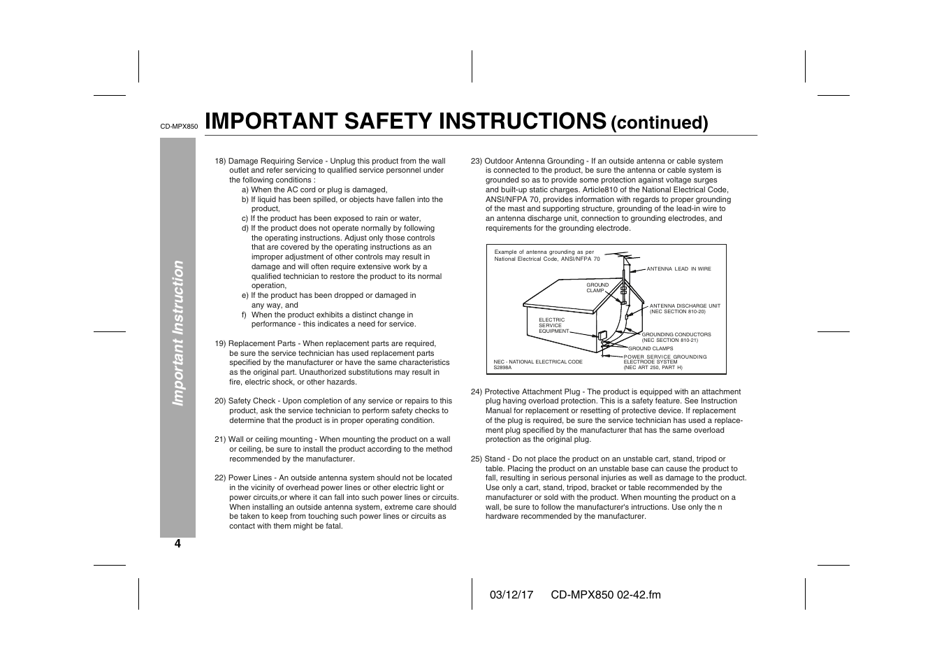 Important instruction, Important safety instructions (continued), Graphic | Important safety instructions, Continued) | Sharp CD-MPX850 User Manual | Page 4 / 44