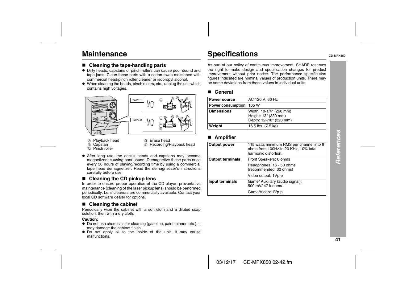 References, Maintenance, N cleaning the tape-handling parts | Graphic, Table, Table body, Table row, Playback head, Erase head, Capstan | Sharp CD-MPX850 User Manual | Page 41 / 44