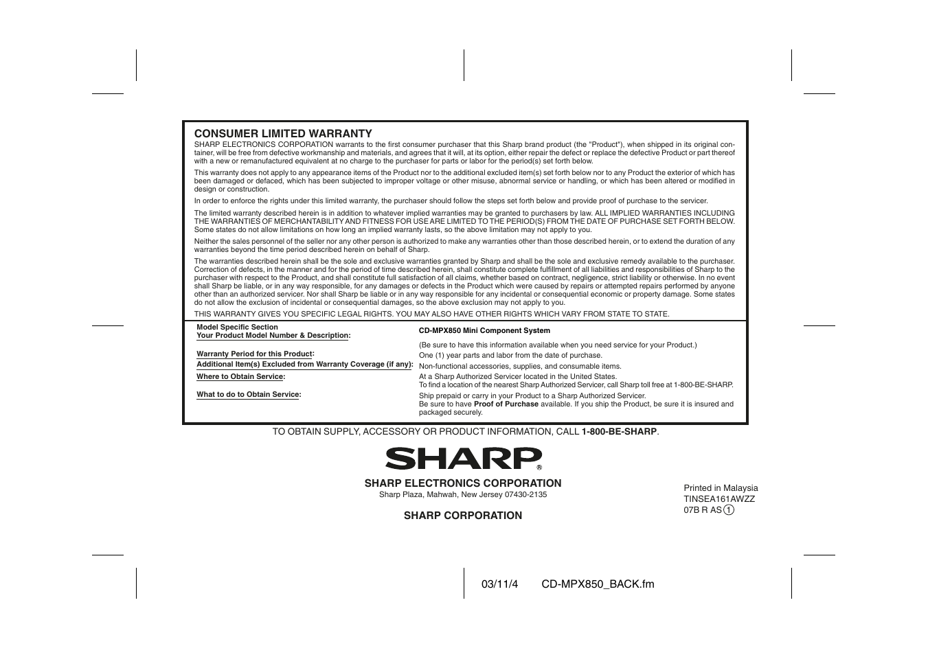 Sharp CD-MPX850 User Manual | Page 44 / 44
