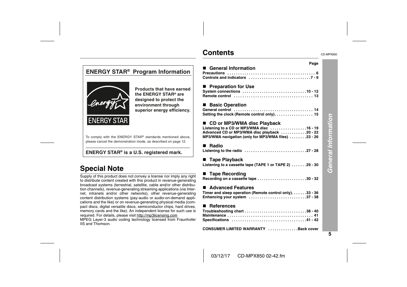 Sharp CD-MPX850 User Manual | Page 5 / 44