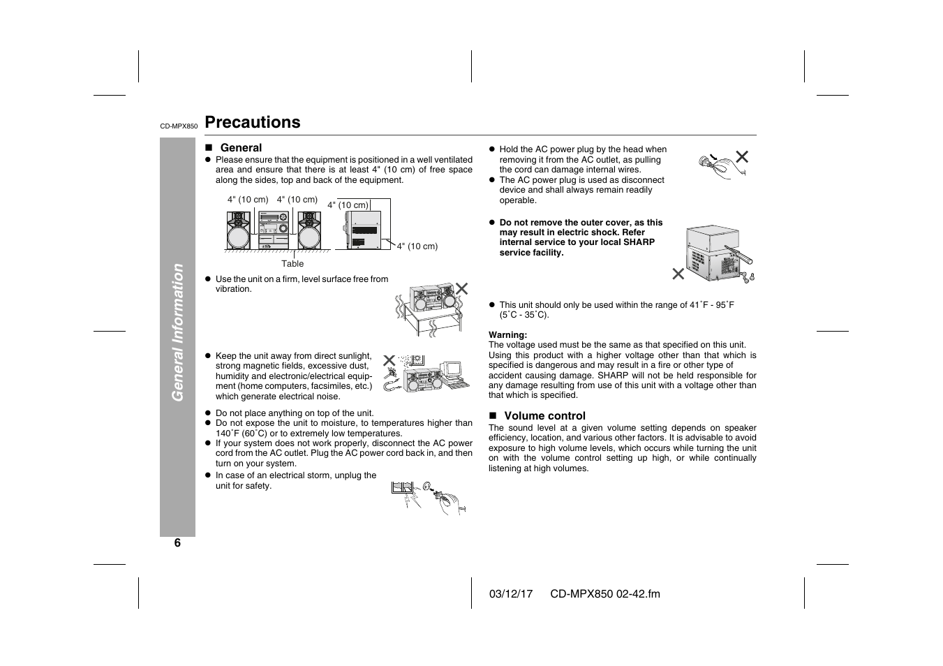 General information, Precautions, N general | Graphic, Table, Table body, Table row, L do not place anything on top of the unit, N volume control, Ac input | Sharp CD-MPX850 User Manual | Page 6 / 44