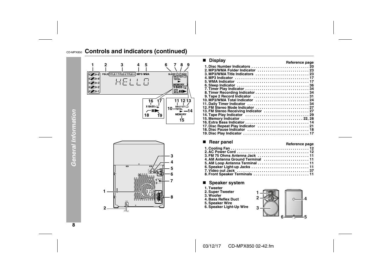 General information, Controls and indicators (continued), Graphic | N display, Disc number indicators 20, Mp3/wma folder indicator 23, Mp3/wma title indicators 23, Mp3 indicator 17, Wma indicator 17, Sleep indicator 36 | Sharp CD-MPX850 User Manual | Page 8 / 44