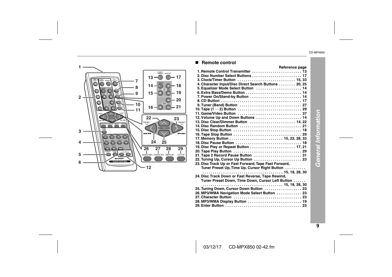 General information, Graphic, N remote control | Remote control transmitter 13, Disc number select buttons 17, Clock/timer button 15, 33, Character input/disc direct search buttons 20, 25, Equalizer mode select button 14, Extra bass/demo button 14, Power on/stand-by button 14 | Sharp CD-MPX850 User Manual | Page 9 / 44