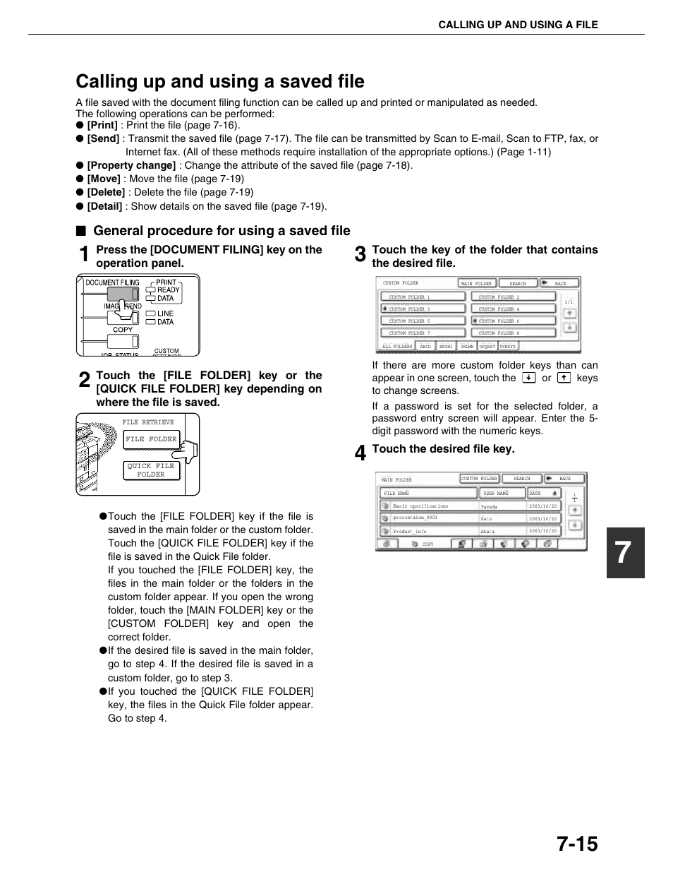 Calling up and using a saved file, General procedure for using a saved file, Touch the desired file key | Sharp AR-M455N User Manual | Page 161 / 183