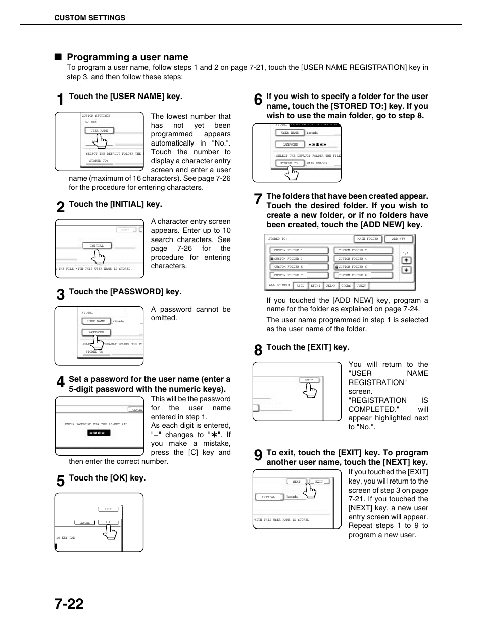 Programming a user name, Touch the [user name] key, Touch the [initial] key | Touch the [password] key, Touch the [ok] key, Touch the [exit] key | Sharp AR-M455N User Manual | Page 168 / 183