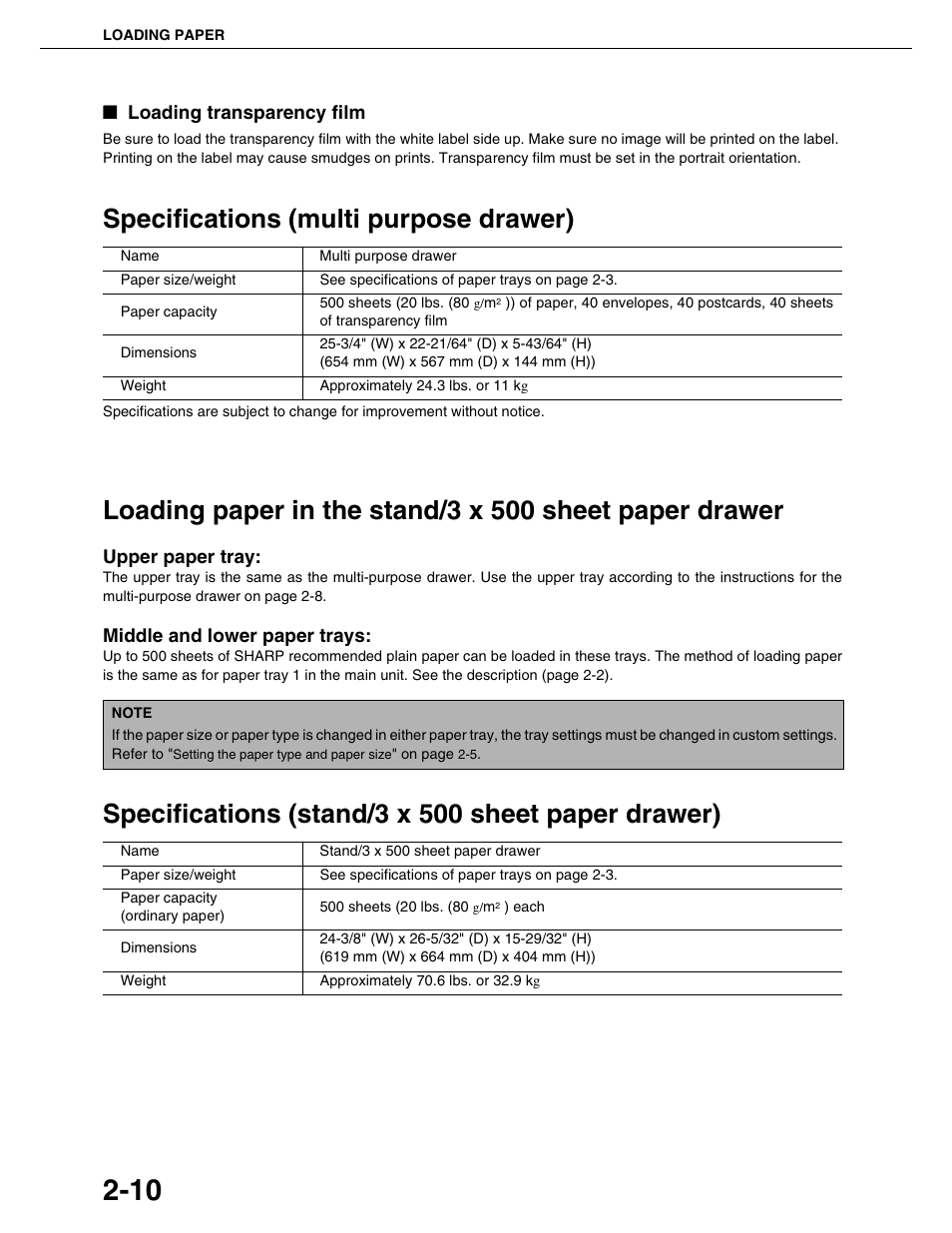 Specifications (multi purpose drawer), Specifications (stand/3 x 500 sheet paper drawer), Loading transparency film | Upper paper tray, Middle and lower paper trays | Sharp AR-M455N User Manual | Page 37 / 183