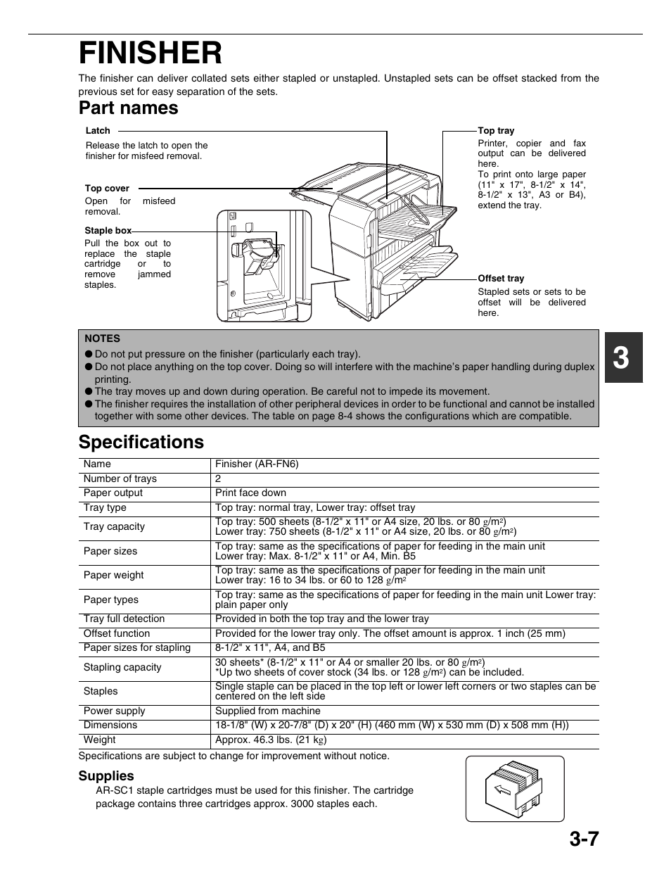 3finisher, Part names specifications, Supplies | Sharp AR-M455N User Manual | Page 60 / 183