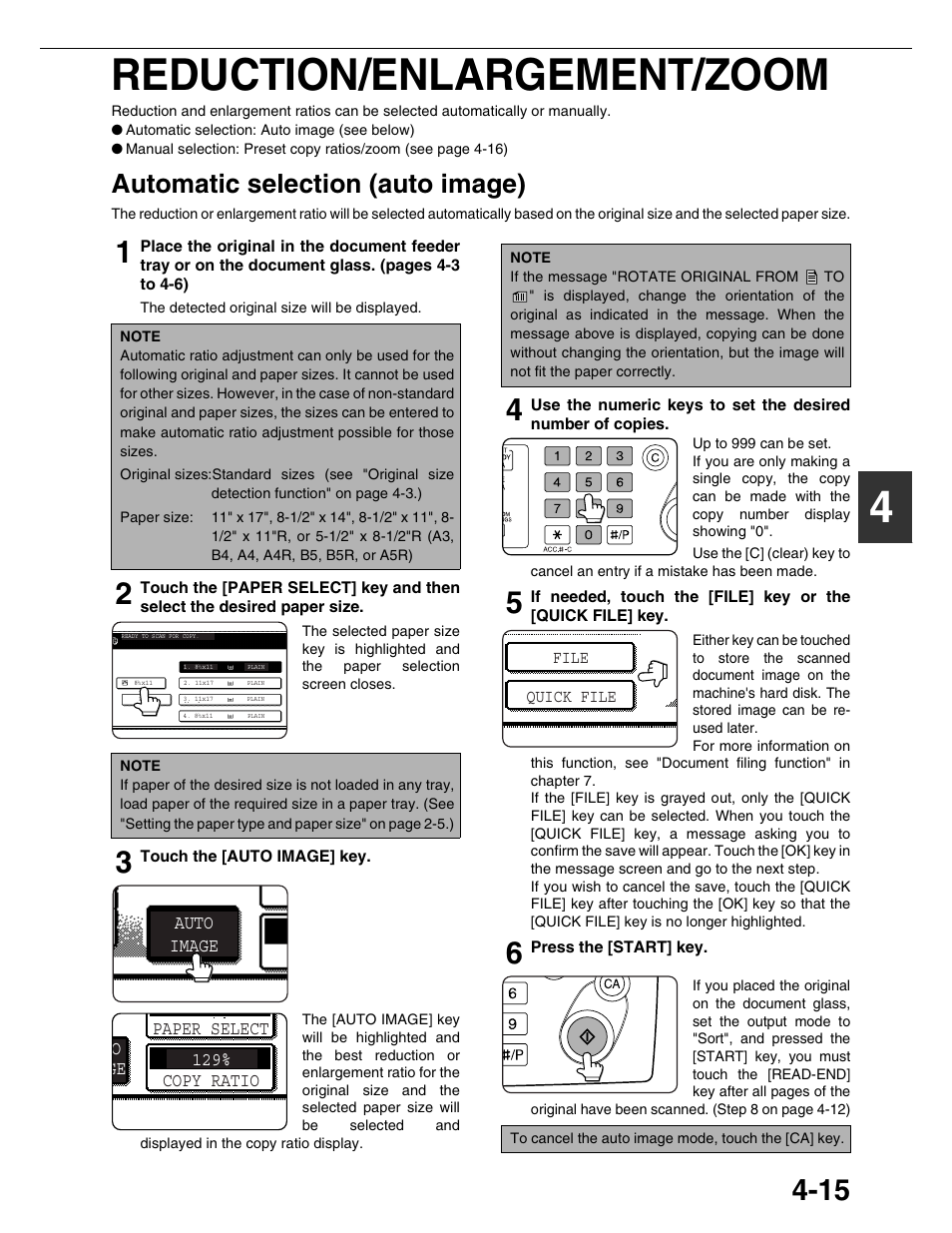 4reduction/enlargement/zoom, Automatic selection (auto image), 8 x11 auto image | Oge 129% paper select copy ratio | Sharp AR-M455N User Manual | Page 94 / 183