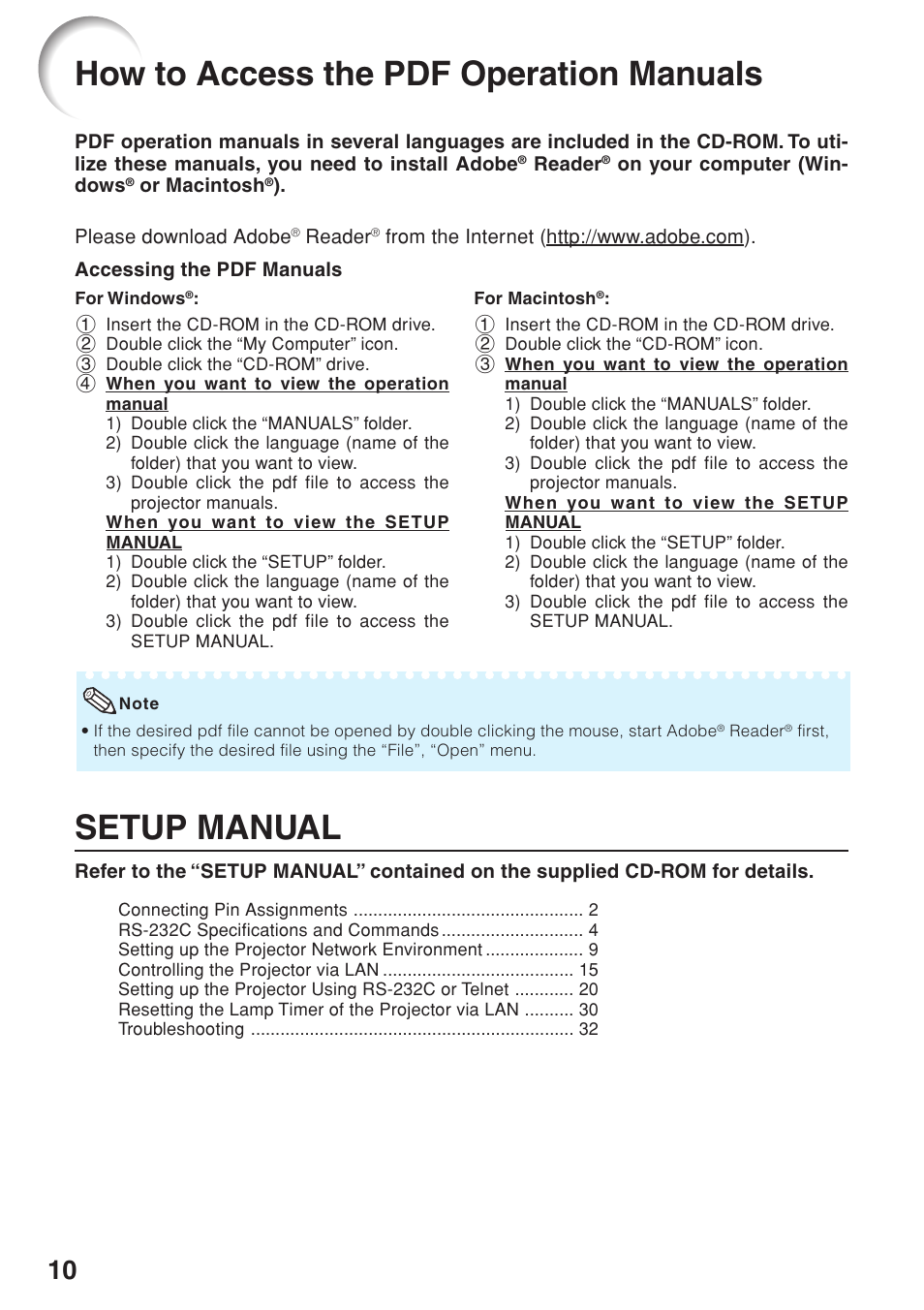 How to access the pdf operation manuals, How to access the pdf operation, Manuals | Setup manual | Sharp PG-F320W User Manual | Page 14 / 72