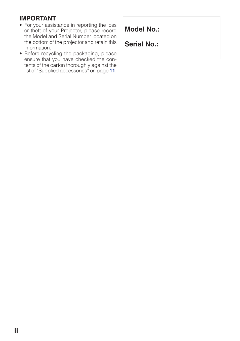Model no.: serial no | Sharp PG-F320W User Manual | Page 2 / 72