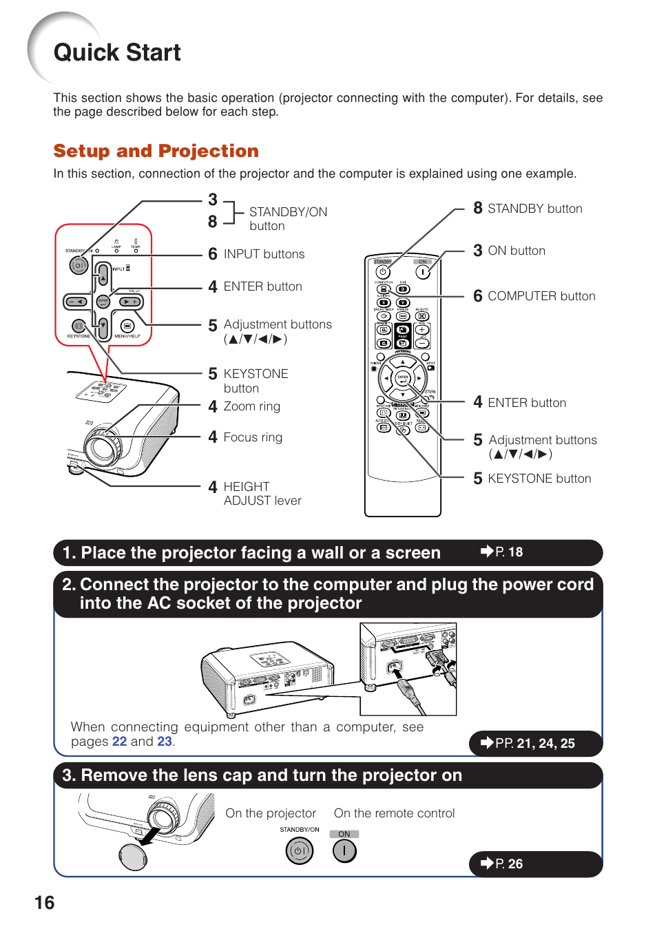 Quick start, Setup and projection, Quic | K star | Sharp PG-F320W User Manual | Page 20 / 72