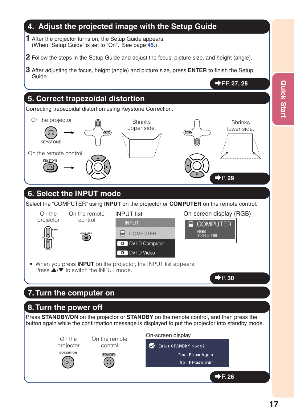 Adjust the projected image with the setup guide, Select the input mode, Turn the computer on | Sharp PG-F320W User Manual | Page 21 / 72