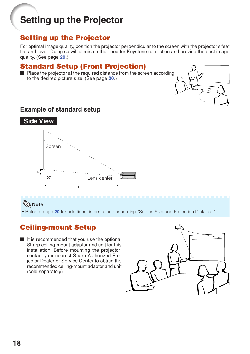 Setup, Setting up the projector, Standard setup (front projection) | Ceiling-mount setup, Side view | Sharp PG-F320W User Manual | Page 22 / 72