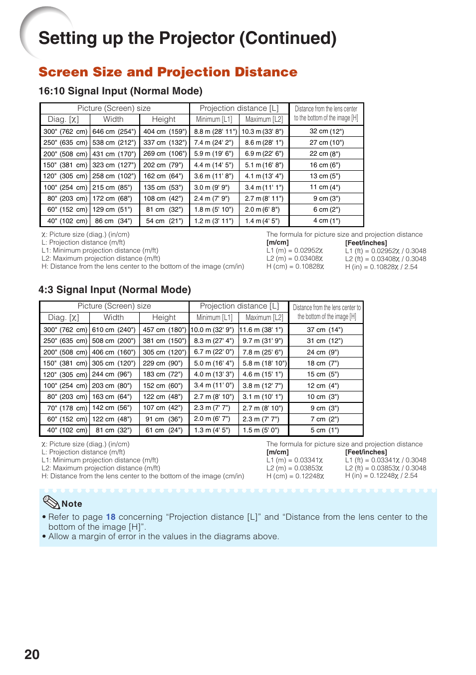 Screen size and projection distance, For additional infor, Setting up the projector (continued) | 10 signal input (normal mode), 3 signal input (normal mode) | Sharp PG-F320W User Manual | Page 24 / 72