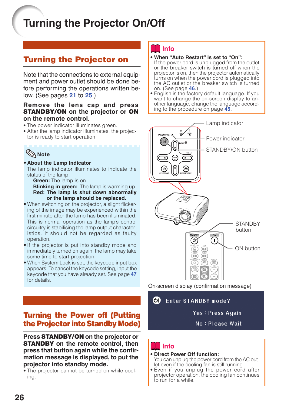 Basic operation, Turning the projector on/off, Turning the projector on | Basic, Operation, Projector into standby mode) | Sharp PG-F320W User Manual | Page 30 / 72