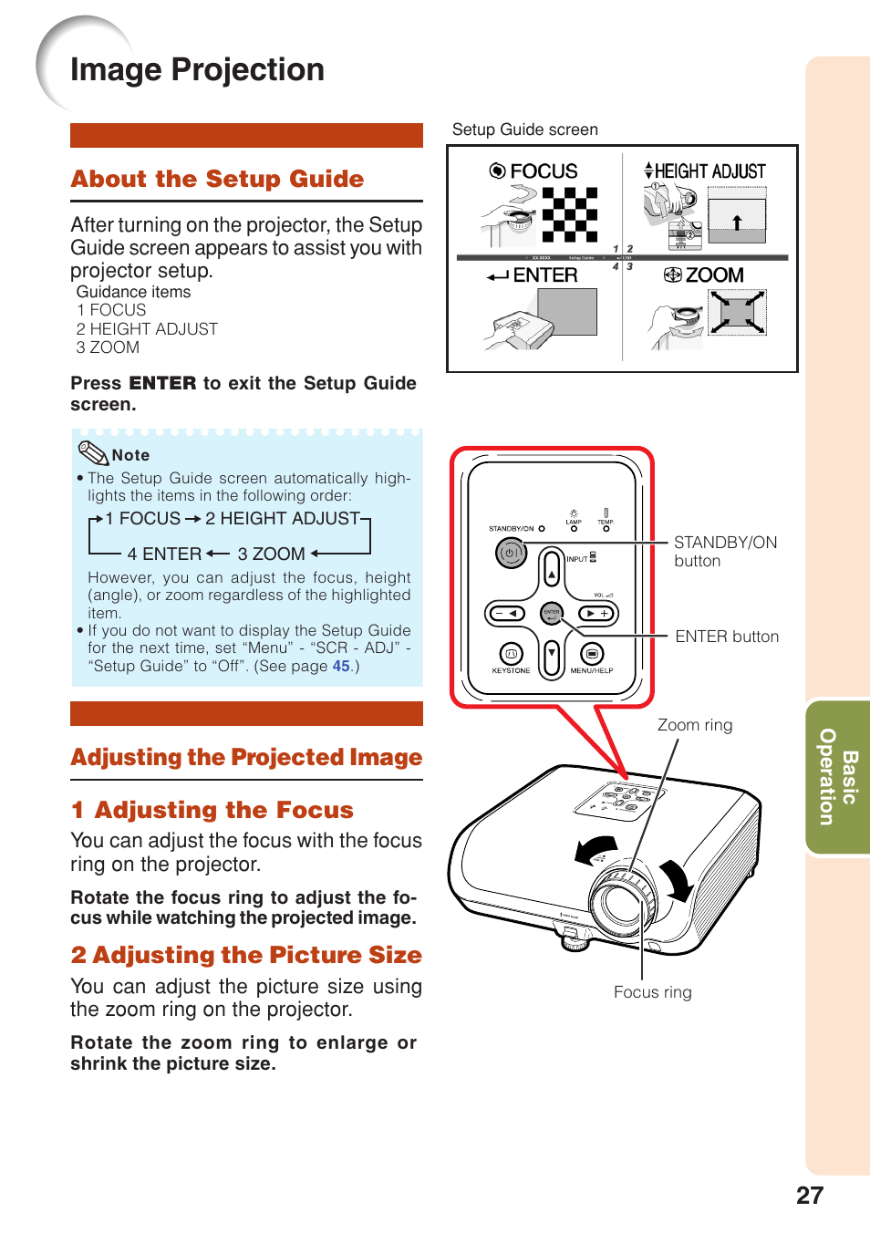 Image projection, About the setup guide, Adjusting the projected image | 2 adjusting the picture size | Sharp PG-F320W User Manual | Page 31 / 72