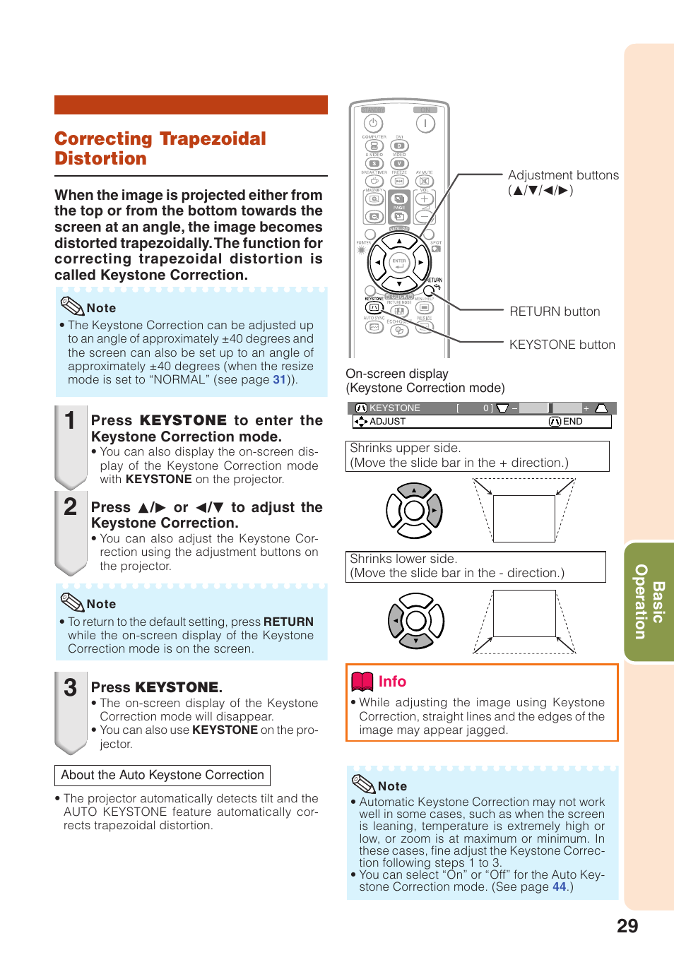Correcting trapezoidal distortion | Sharp PG-F320W User Manual | Page 33 / 72