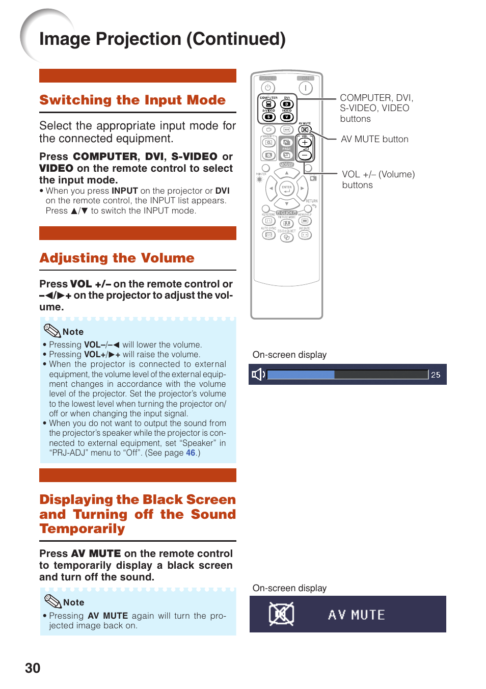 Switching the input mode, Adjusting the volume, Turning off the sound temporarily | Image projection (continued) | Sharp PG-F320W User Manual | Page 34 / 72