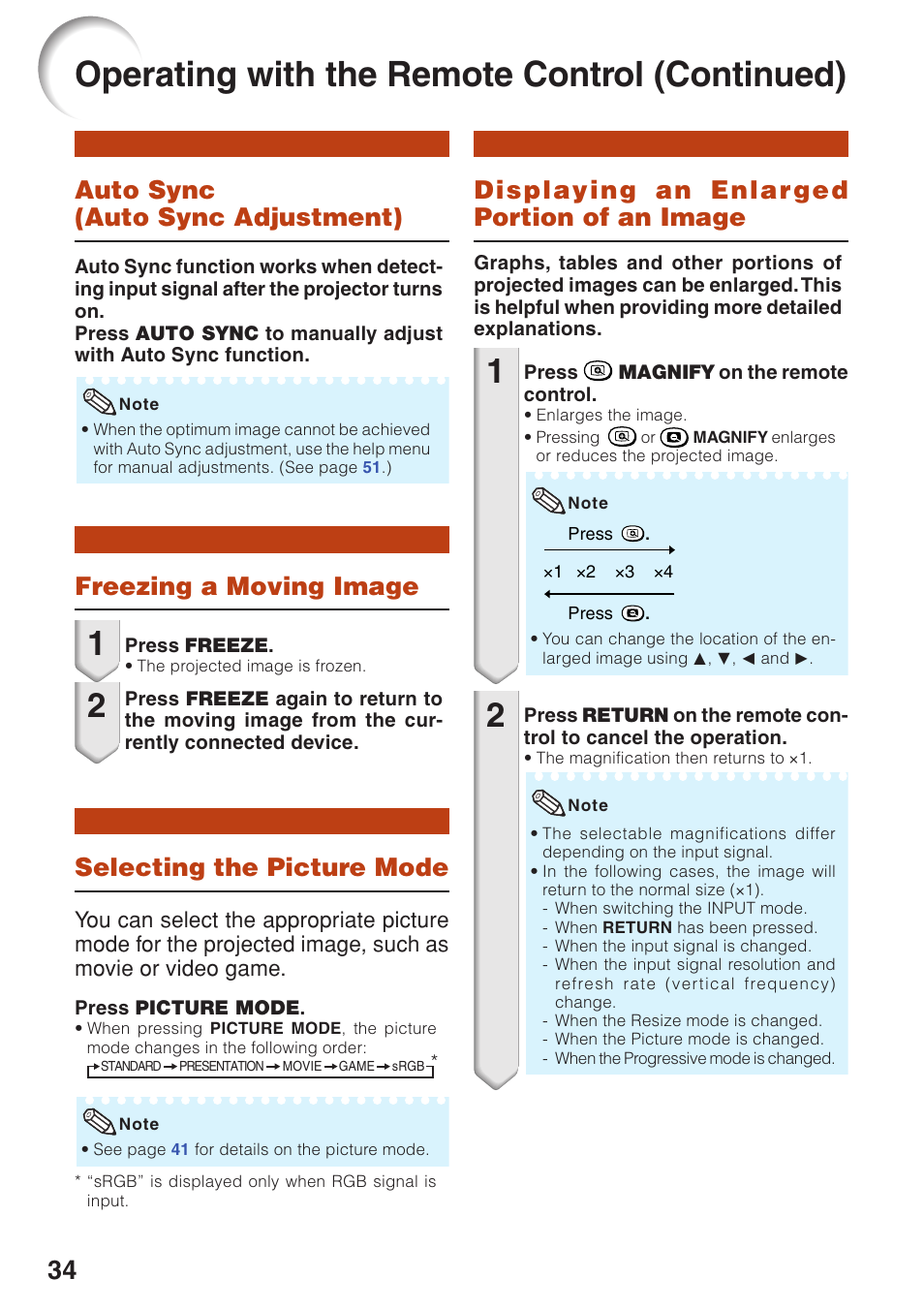 Auto sync (auto sync adjustment), Freezing a moving image, Selecting the picture mode | Displaying an enlarged portion of an image, An image, Operating with the remote control (continued), Displaying an enlar ged portion of an image | Sharp PG-F320W User Manual | Page 38 / 72