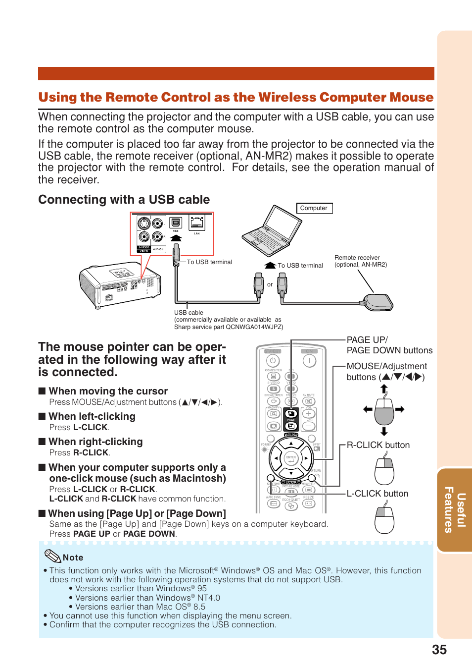 Using the remote control as the, Wireless computer mouse, Connecting with a usb cable | Useful features | Sharp PG-F320W User Manual | Page 39 / 72