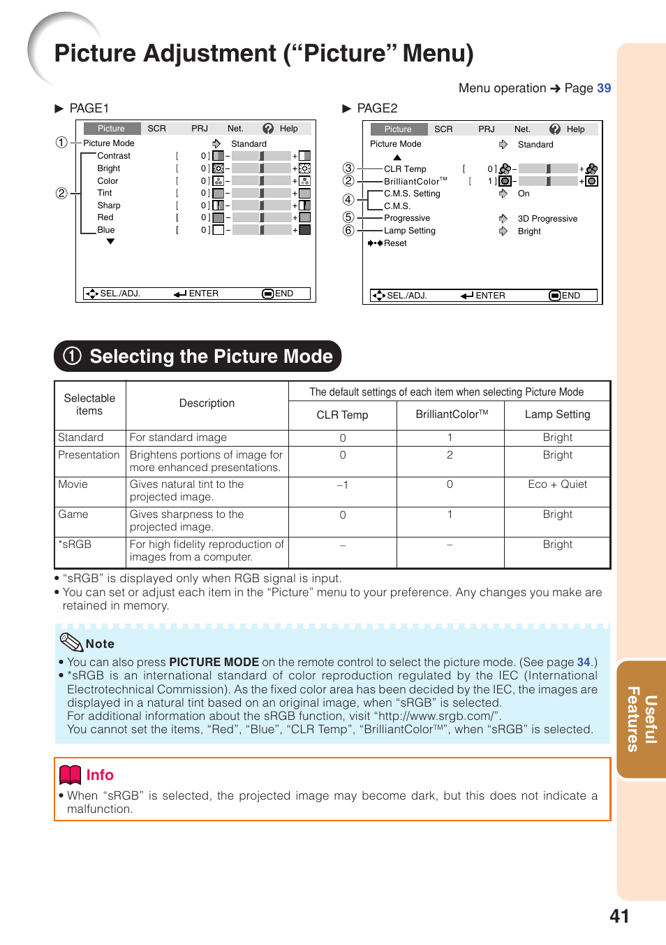 Picture adjustment (“picture” menu), Selecting the picture mode, For details on the pictur | 11 selecting the picture mode, Useful features, Info | Sharp PG-F320W User Manual | Page 45 / 72