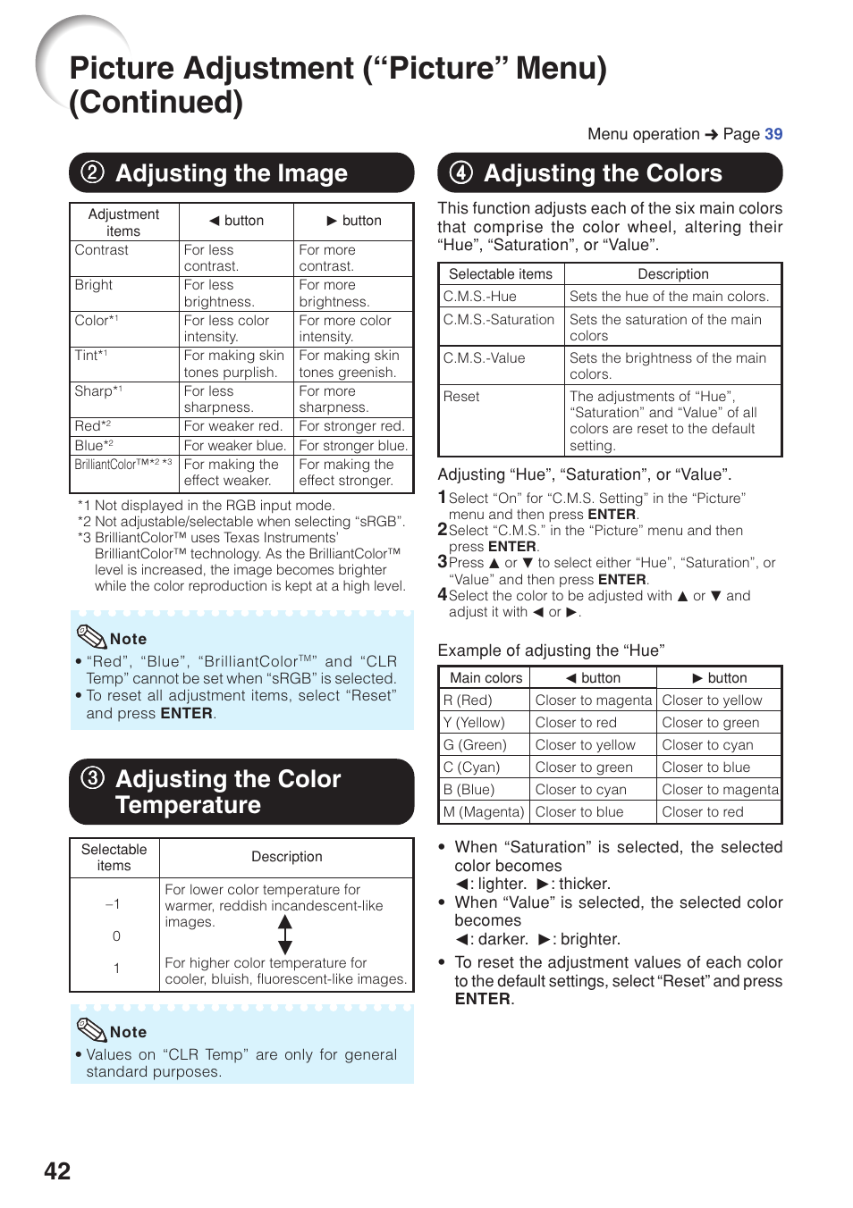 Adjusting the image, Adjusting the color temperature, Adjusting the colors | Picture adjustment (“picture” menu) (continued), 22 adjusting the image, 33 adjusting the color temperature, 44 adjusting the colors | Sharp PG-F320W User Manual | Page 46 / 72