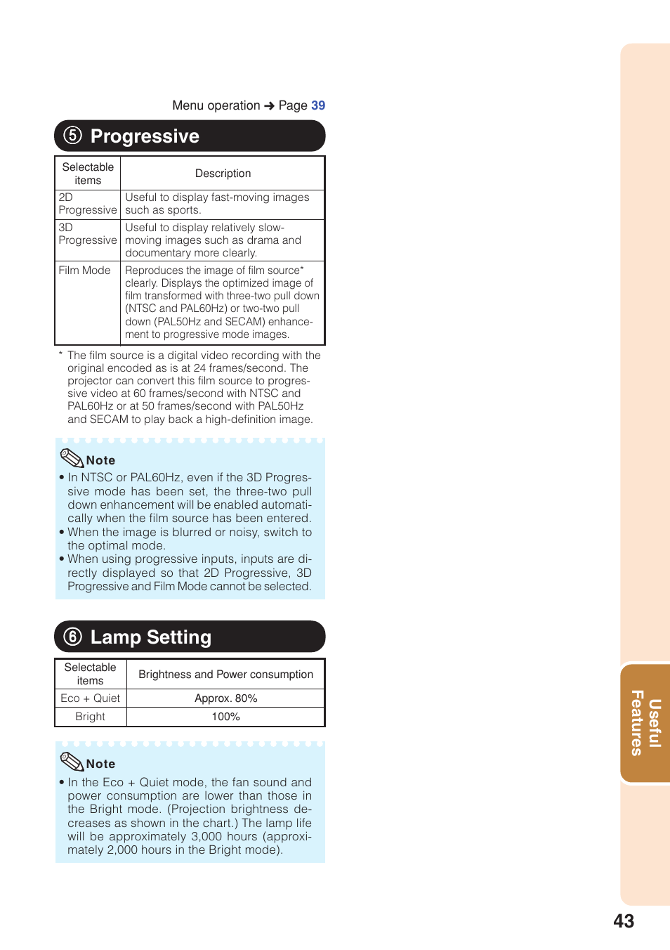 Progressive, Lamp setting, Progressive lamp setting | 55 progressive, 66 lamp setting | Sharp PG-F320W User Manual | Page 47 / 72