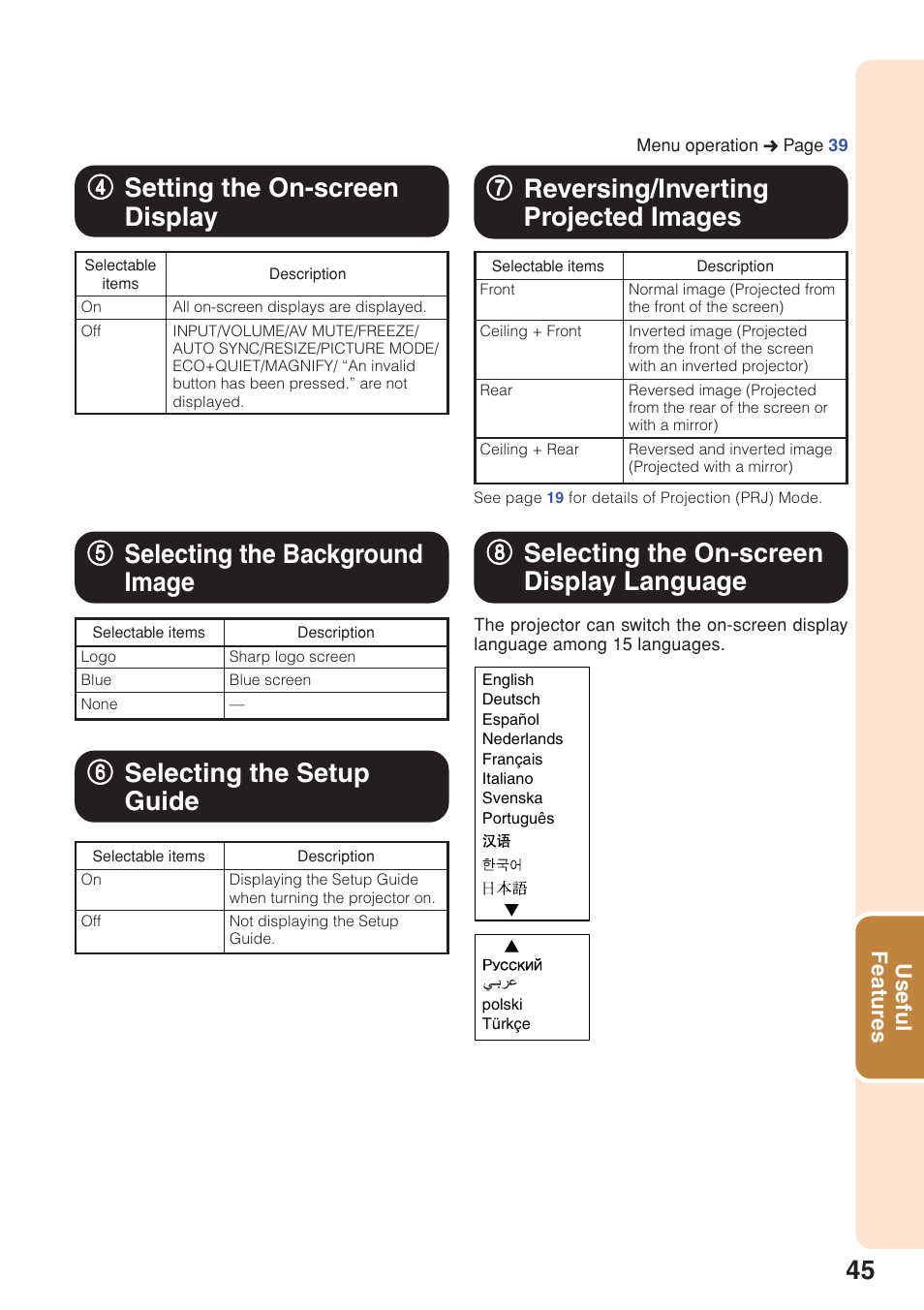 Setting the on-screen display, Selecting the background image, Selecting the setup guide | Reversing/inverting projected images, Selecting the on-screen display language, Images, Selecting the on-screen display, Language, 77 reversing/inverting projected images, 44 setting the on-screen display | Sharp PG-F320W User Manual | Page 49 / 72