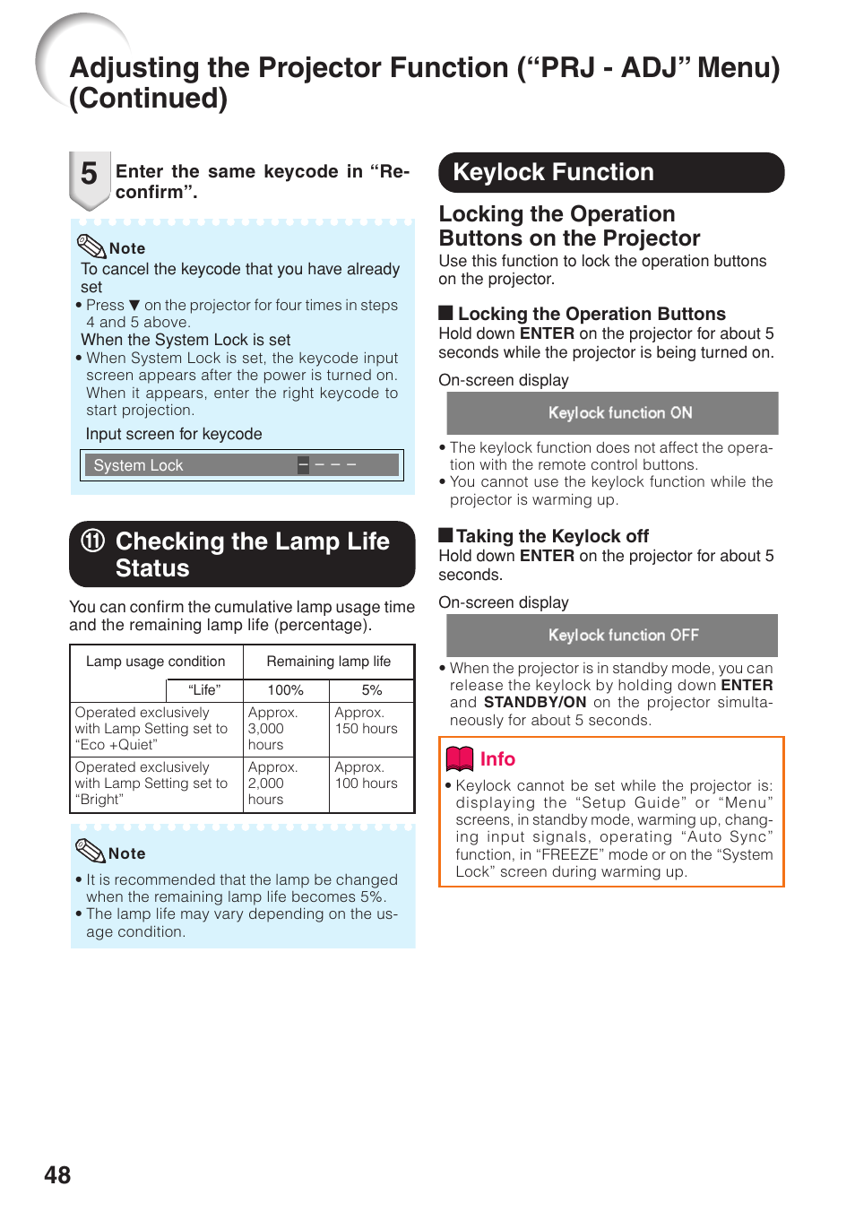 Checking the lamp life status, Keylock function, Checking the lamp life status keylock function | Aa checking the lamp life status, Locking the operation buttons on the projector | Sharp PG-F320W User Manual | Page 52 / 72