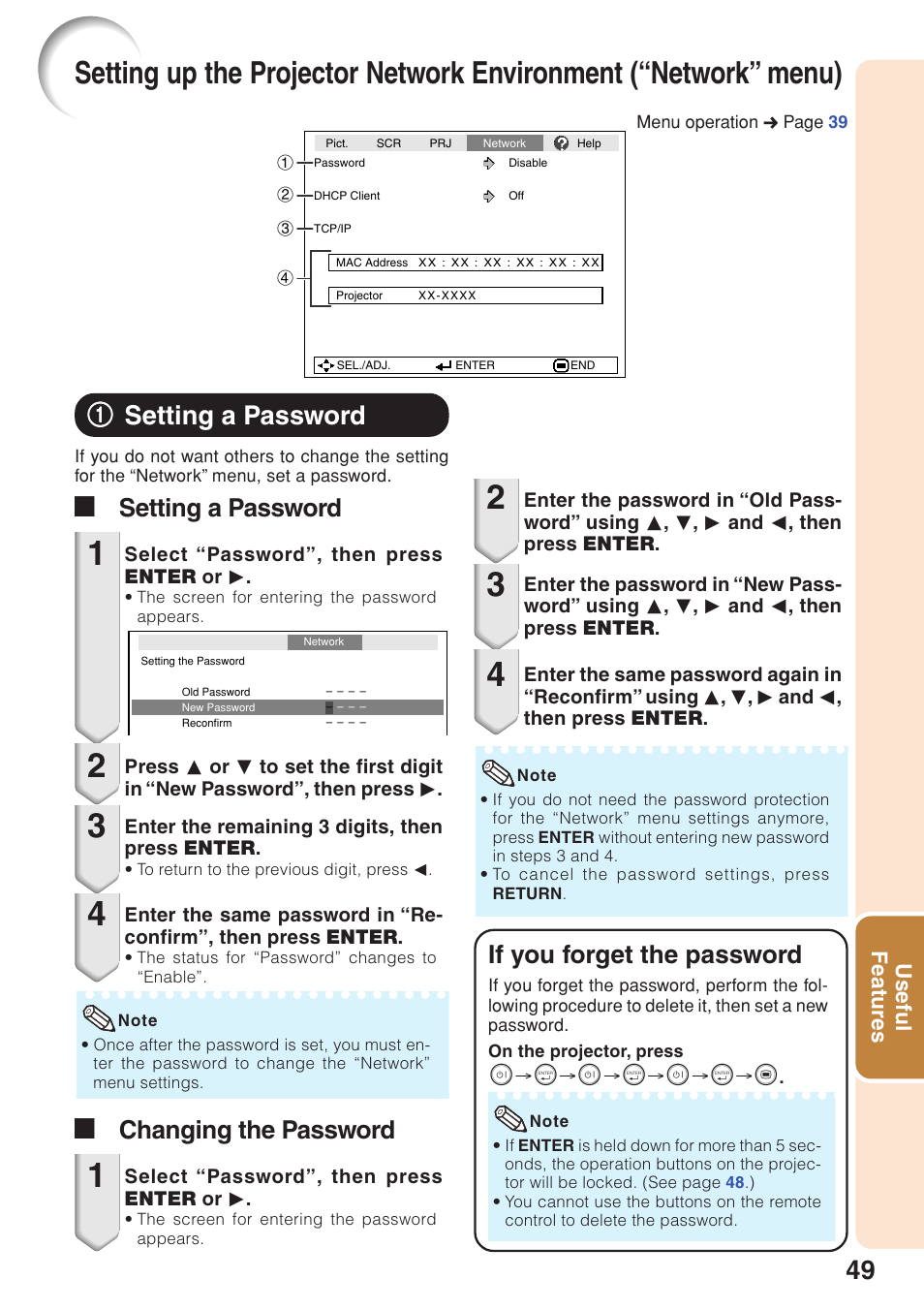 Setting a password, Setting up the projector network, Environment (“network” menu) | 11 setting a password, If you forget the password, Asetting a password a changing the password | Sharp PG-F320W User Manual | Page 53 / 72