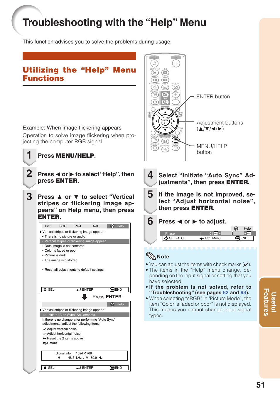 Troubleshooting with the “help” menu, Utilizing the “help” menu functions, Troubleshooting with the | Help” menu, Useful features, Press menu/help, Press o or q to select “help”, then press enter | Sharp PG-F320W User Manual | Page 55 / 72