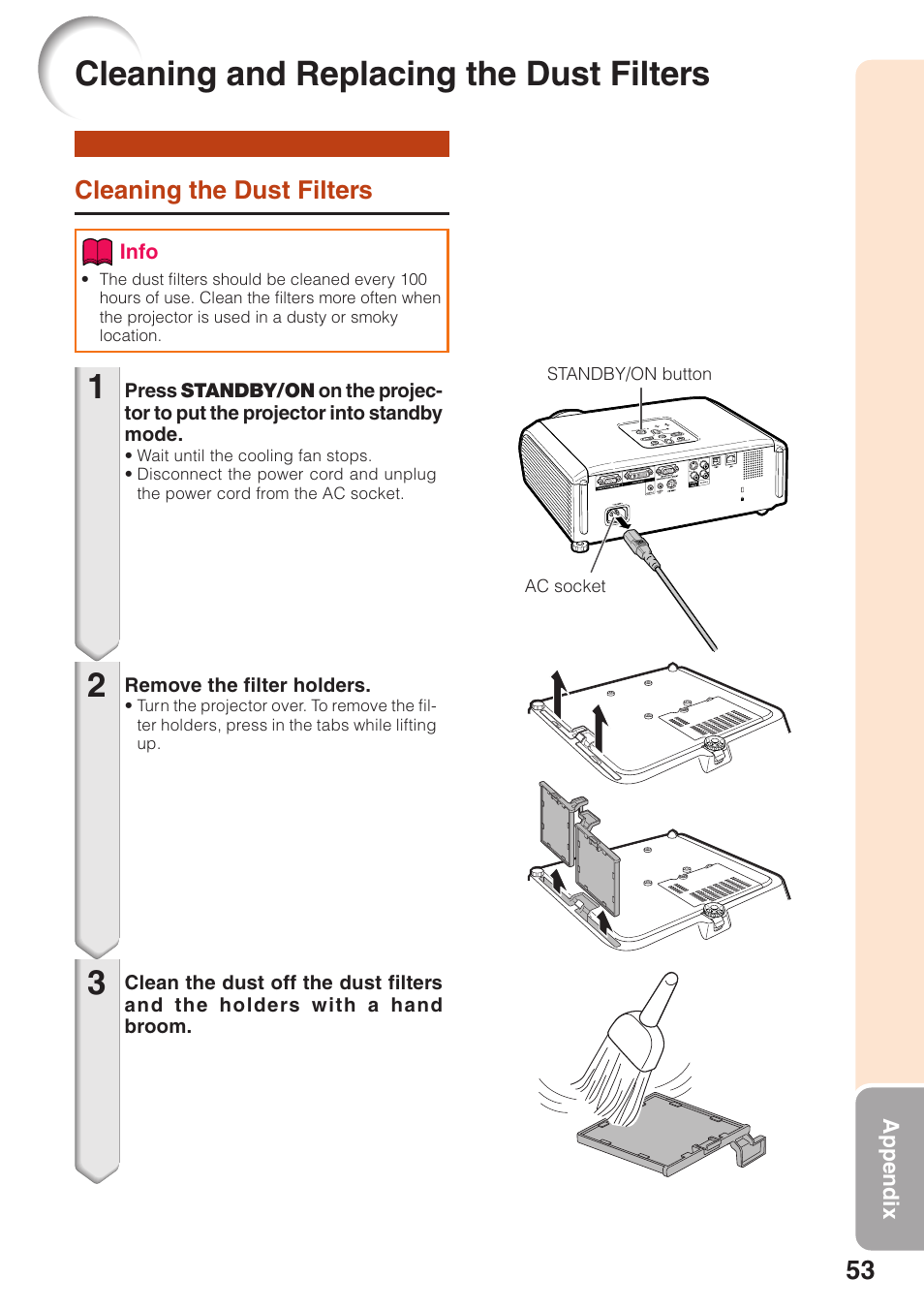 Cleaning and replacing the dust filters, Cleaning the dust filters, Cleaning and replacing the | Dust filters, 12 3 cleaning and replacing the dust filters | Sharp PG-F320W User Manual | Page 57 / 72