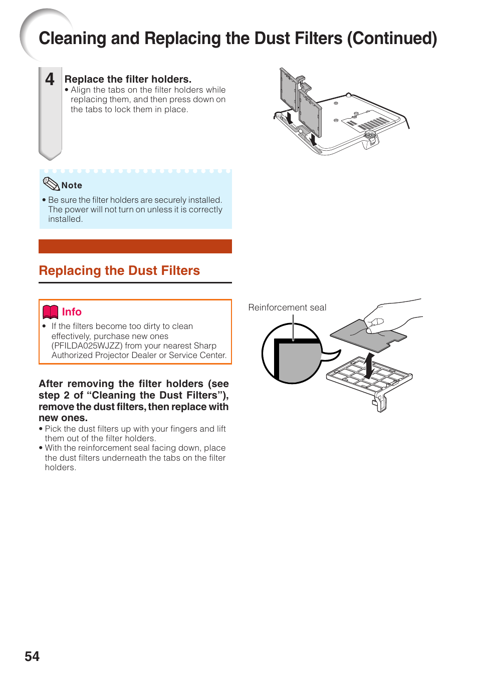Replacing the dust filters | Sharp PG-F320W User Manual | Page 58 / 72
