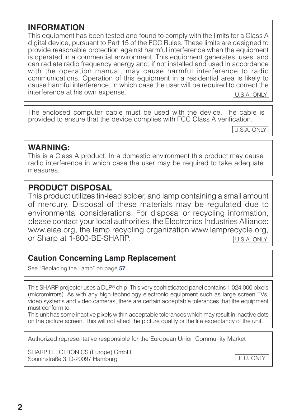 Information, Warning, Product disposal | Caution concerning lamp replacement | Sharp PG-F320W User Manual | Page 6 / 72