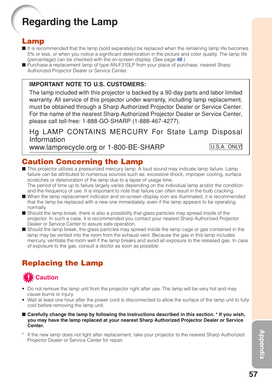Regarding the lamp, Lamp, Caution concerning the lamp | Replacing the lamp | Sharp PG-F320W User Manual | Page 61 / 72