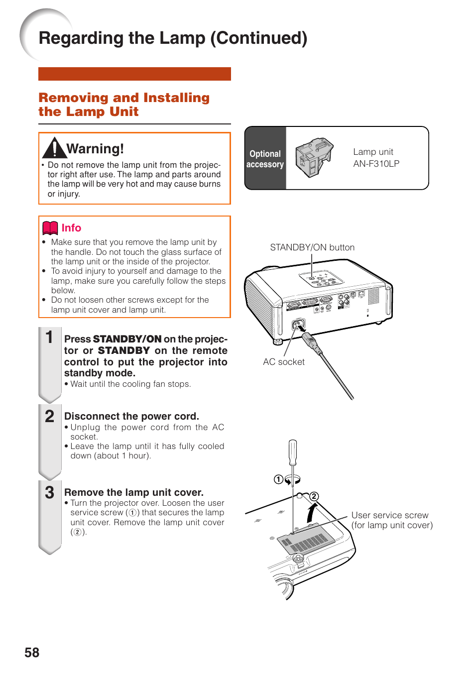 Removing and installing the lamp unit, Removing and installing the, Lamp unit | Regarding the lamp (continued), Warning | Sharp PG-F320W User Manual | Page 62 / 72