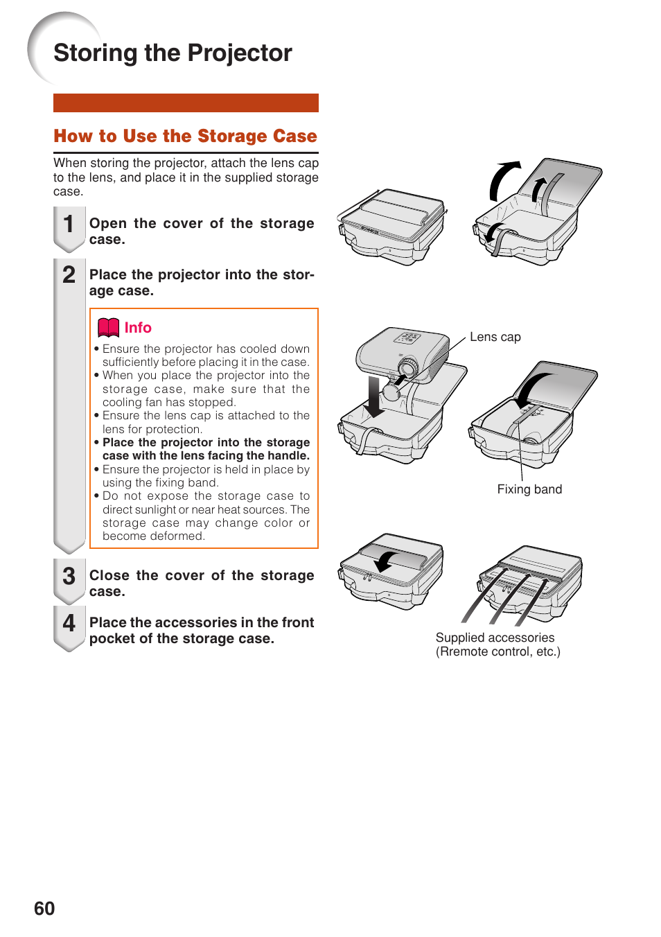 Storing the projector, How to use the storage case | Sharp PG-F320W User Manual | Page 64 / 72